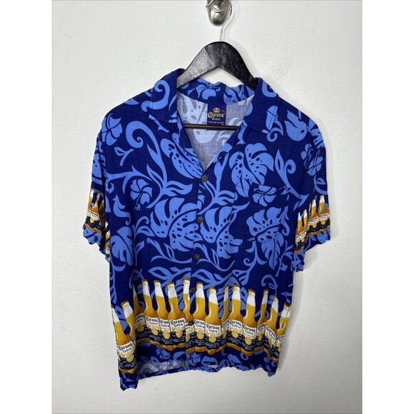 Corona Shirt Mens L Blue Bottles of Beer Hawaiian Print Button Up Camp - Picture 1 of 6